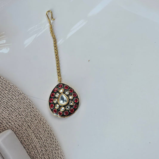 Black & Red Kundan Maang Tikka with Teardrop Stone