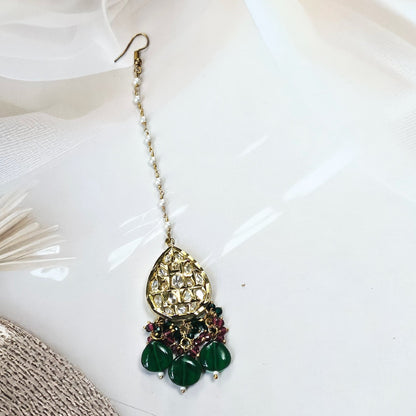 Kundan Teardrop Maang Tikka with Green Bead Drops