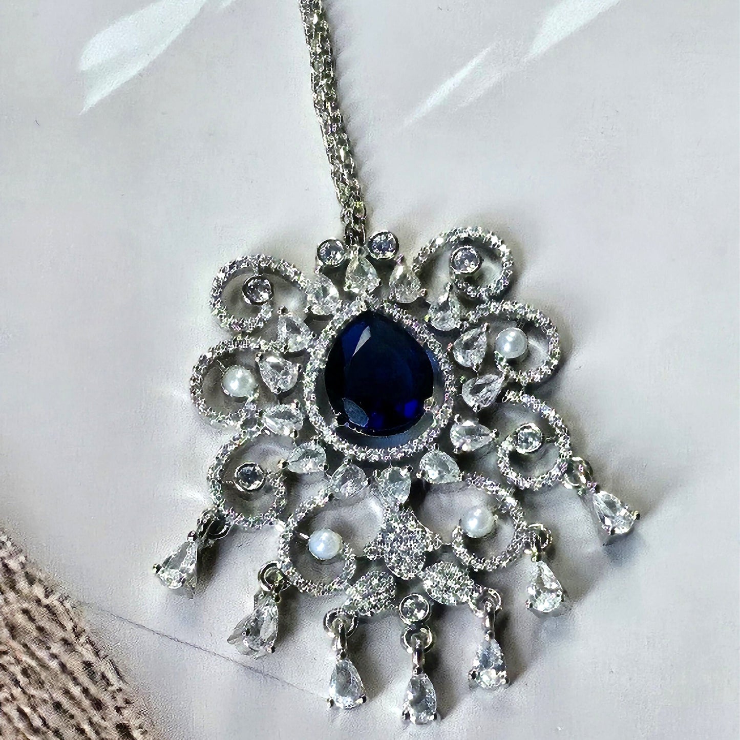 Silver Crystal Maang Tikka with Blue Stone Center