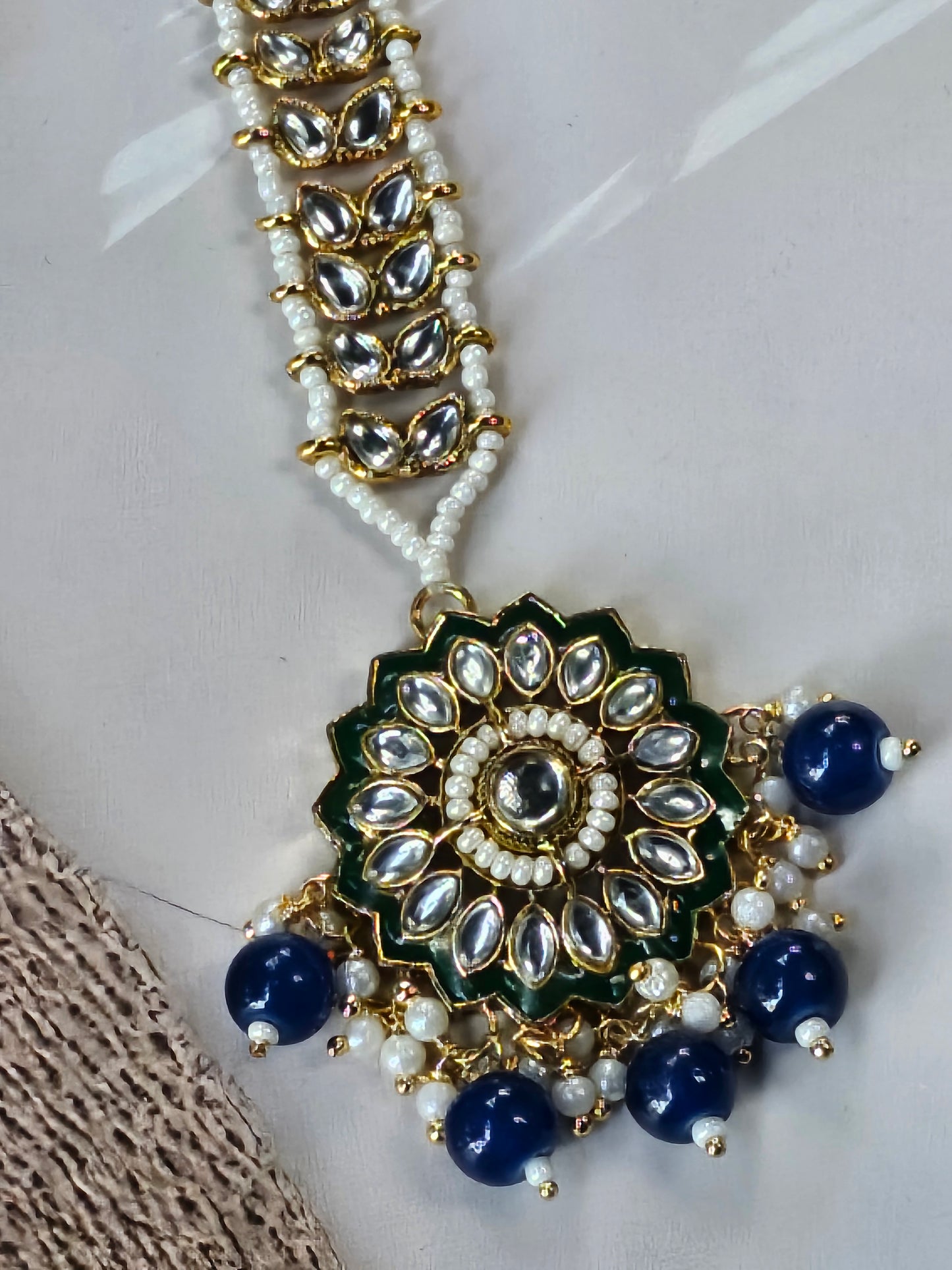 Green Kundan Maang Tikka with Blue Bead Drops