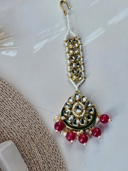 Green Kundan Maang Tikka with Red Bead Drops