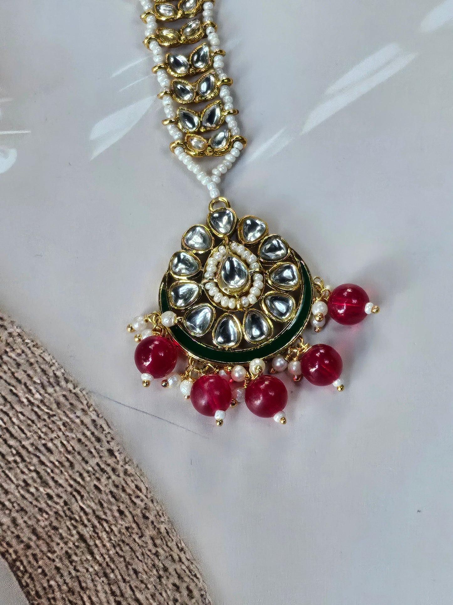 Green Kundan Maang Tikka with Red Bead Drops