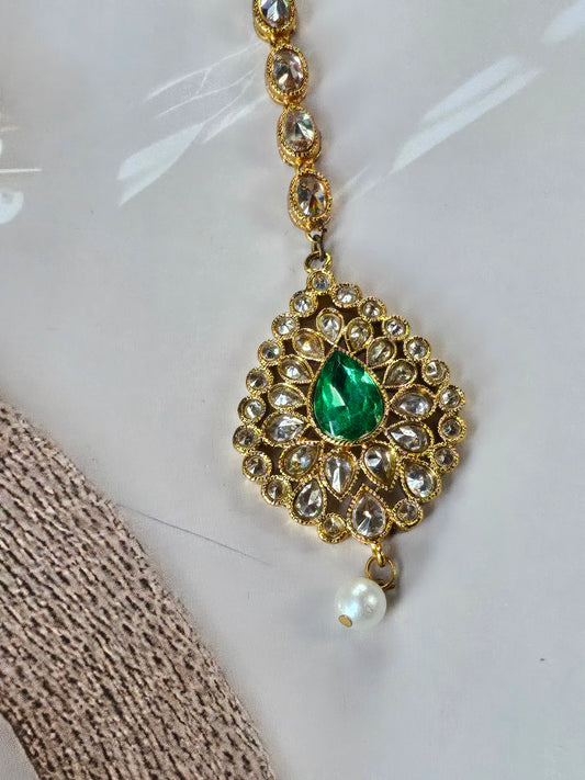 Emerald Green Kundan Maang Tikka with Pearl Drop