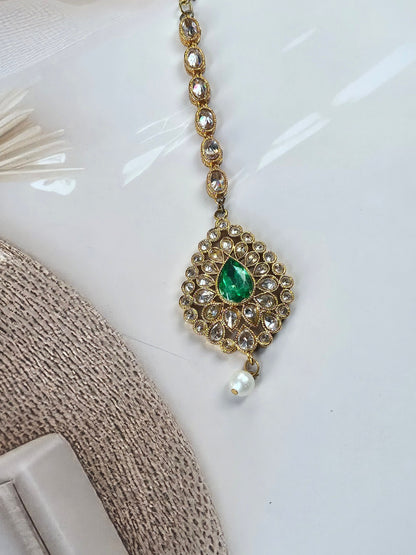 Emerald Green Kundan Maang Tikka with Pearl Drop