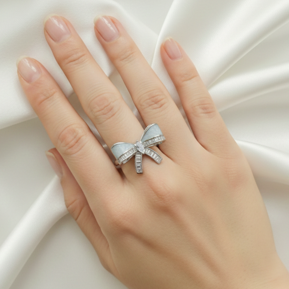 Crystal Bow Silver Ring