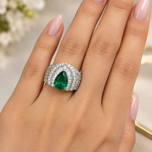 Pear-Cut emerald Solitaire CZ Rings |Rhodium Plating I WG