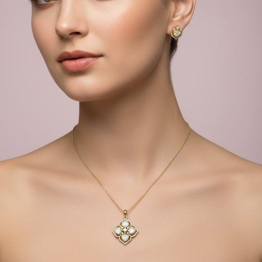 Antique Gold Clover Floral Pendant Set with Micro-Pavé Border