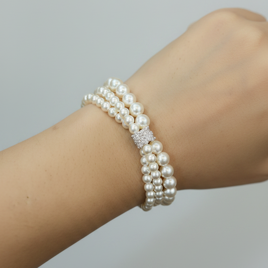 Classic Triple-Layer Pearl Bracelet with CZ Pavé Brooch Clasp