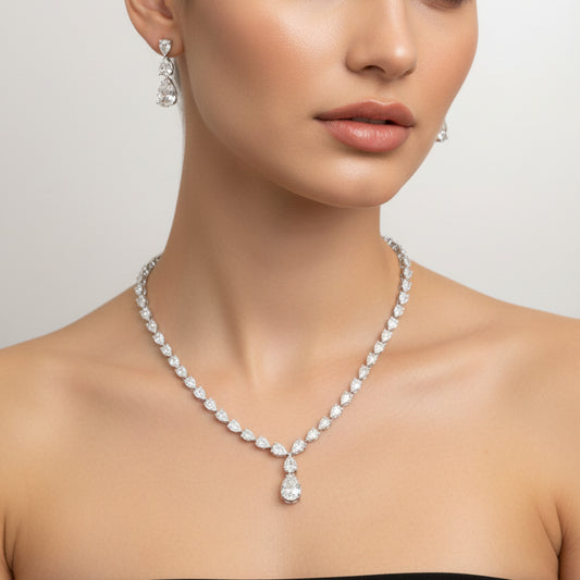 Elegant Pear-Cut CZ Necklace Set  – Platinum Plated I WG