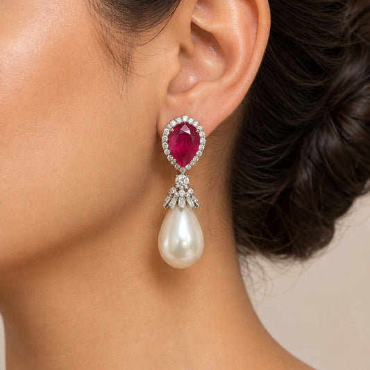 Pear Cut CZ & pearl Drop Earrings  | Push back