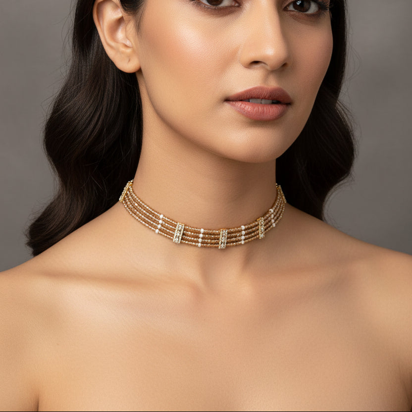 Warm Amber Beaded Four-Layer Choker with CZ Bar Spacers