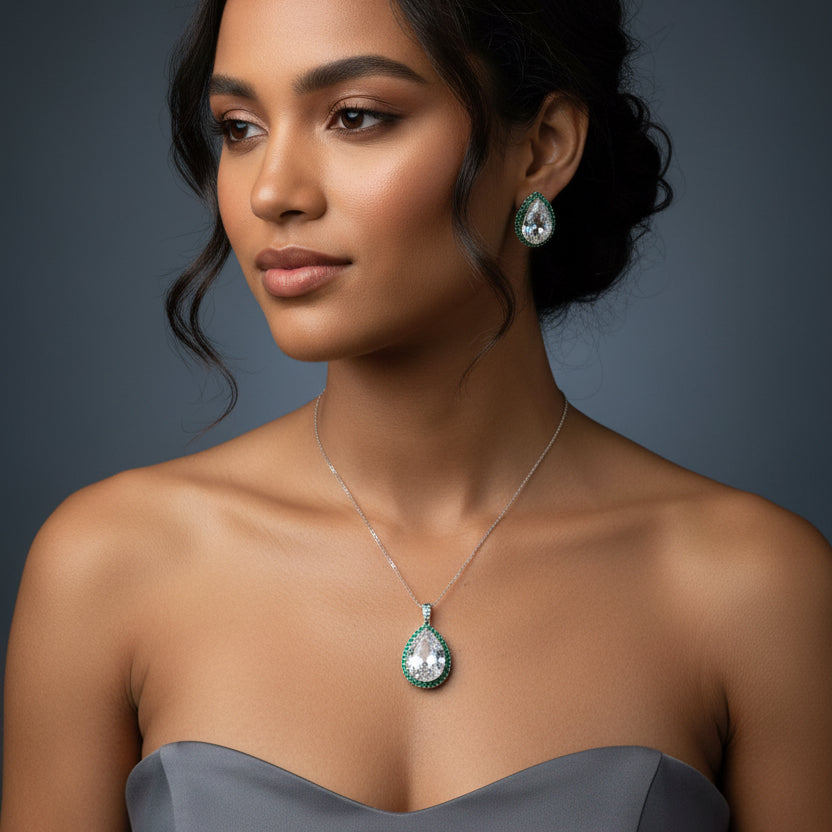 Emerald detailing with Crystal Zircon Pendant Set