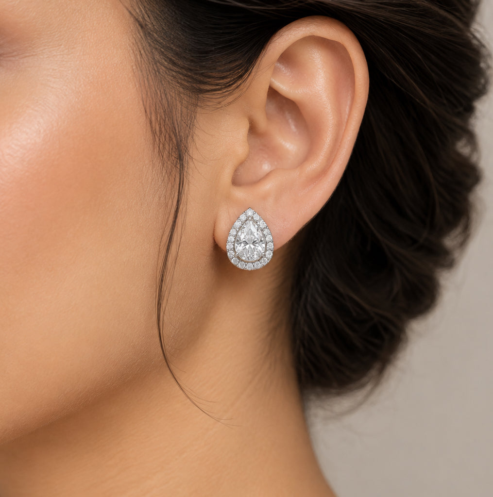 Pear cut Solitaire Diamond  Stud Earrings  | Screw Back | 18K Gold Plating I WG  | Rhodium Plating