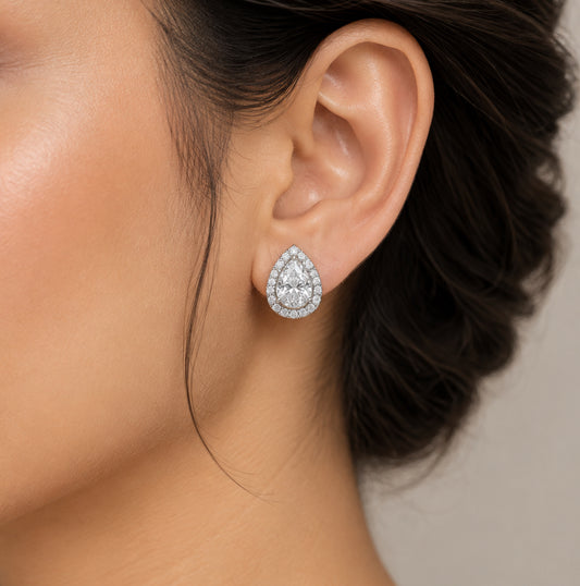 Pear cut Solitaire Diamond  Stud Earrings  | Screw Back | 18K Gold Plating I WG  | Rhodium Plating
