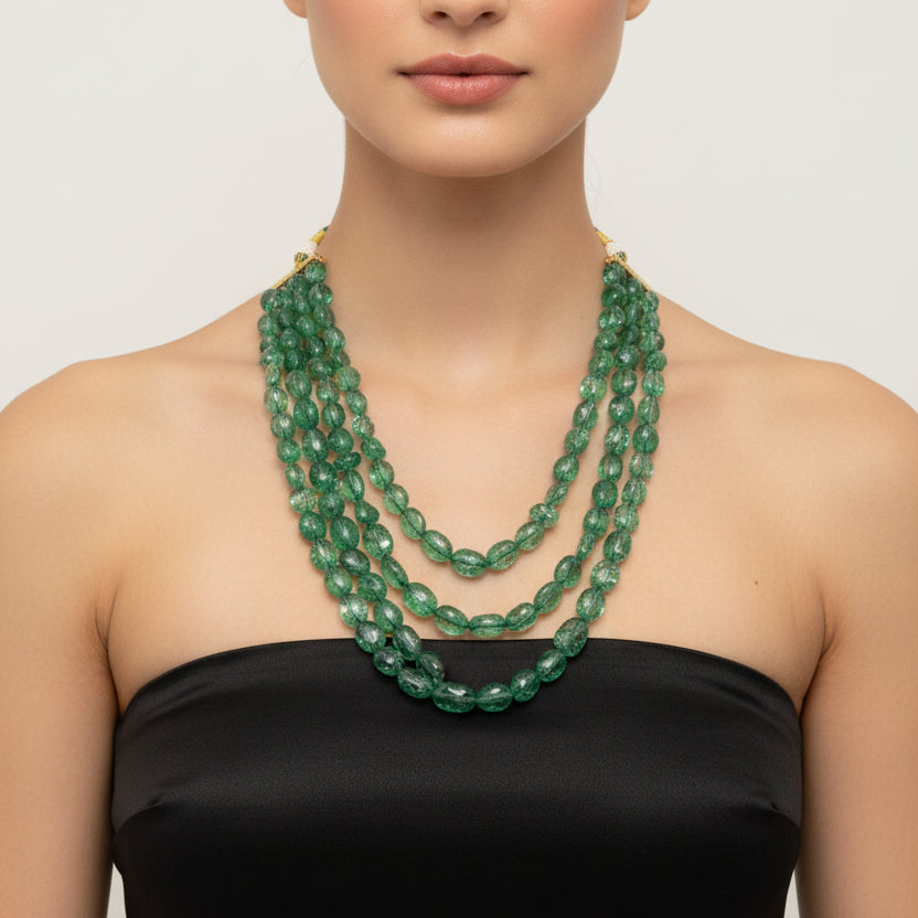 Multi-Layered Emerald Green Carved Oval Bead Necklace