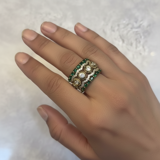 Intricate Emerald & CZ Wavy Multi-Layer Statement Band