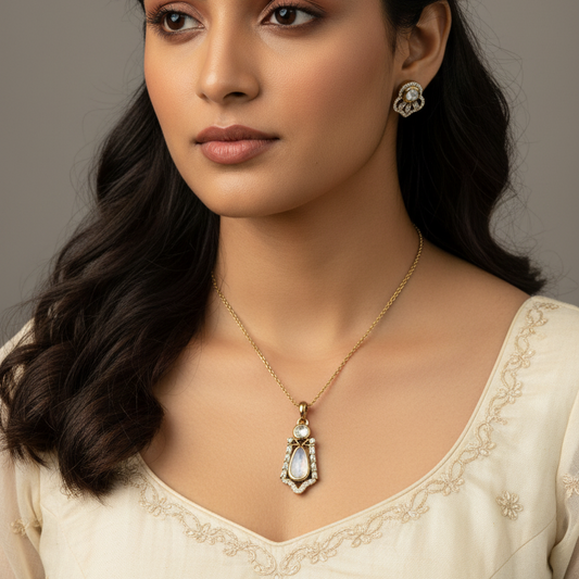 Antique Gold Moonstone Pendant Set with Floral Micro-Pavé Detailing