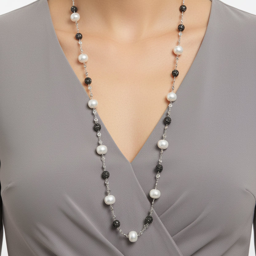 Black & White Pearl Station Long Chain Necklace