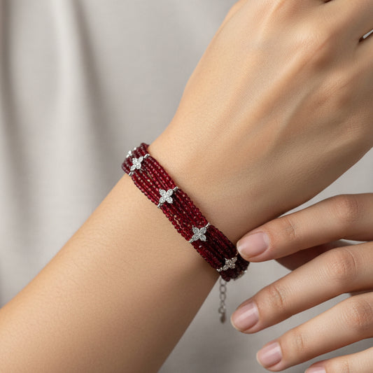 Multi-Strand Gemstone Bead Bracelet with CZ Floral Clover Spacers