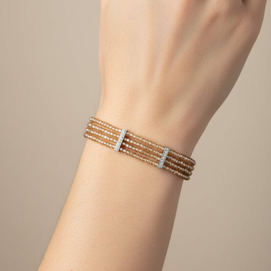 Warm Amber Beaded Four-Strand Bracelet with CZ Vertical Spacer Bars
