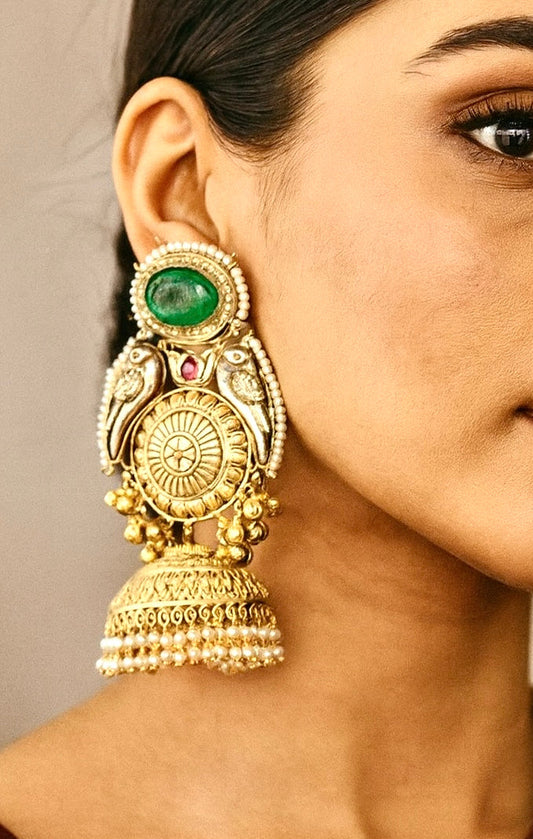 Regal Dual Parrot Temple Jhumka Earrings
