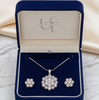 Rhodium-Plated floral Pendant Set I Screw back Earrings | Without Chain