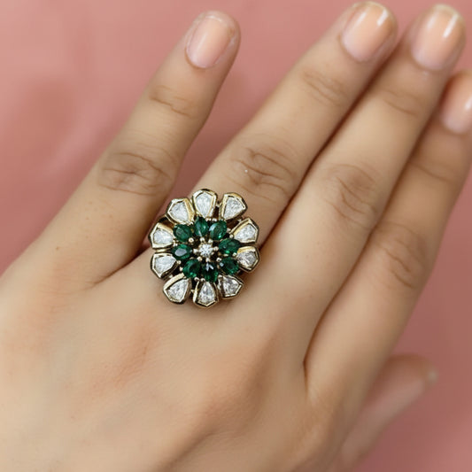 Antique Gold Floral Cocktail Ring with Marquise Gemstones & Polki-Style Petal Halo