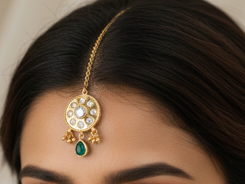 Gold-Finish Kundan Maang Tikka with Green Drop