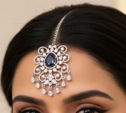 Silver Crystal Maang Tikka with Blue Stone Center
