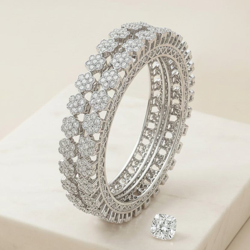 Floral Bloom AD Bangles Kada – Silver Finish