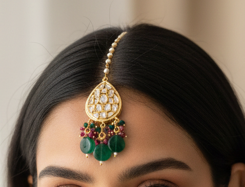 Kundan Teardrop Maang Tikka with Green Bead Drops