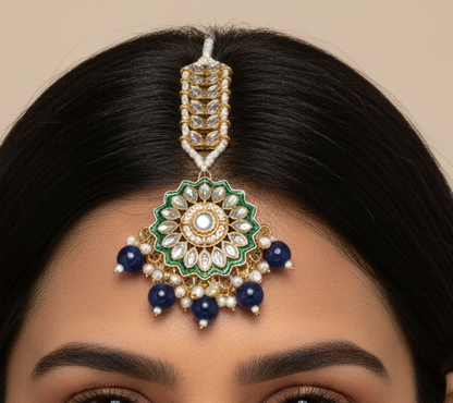 Green Kundan Maang Tikka with Blue Bead Drops