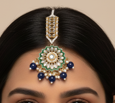 Green Kundan Maang Tikka with Blue Bead Drops