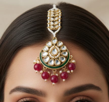 Green Kundan Maang Tikka with Red Bead Drops