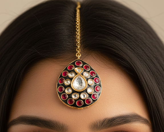 Black & Red Kundan Maang Tikka with Teardrop Stone