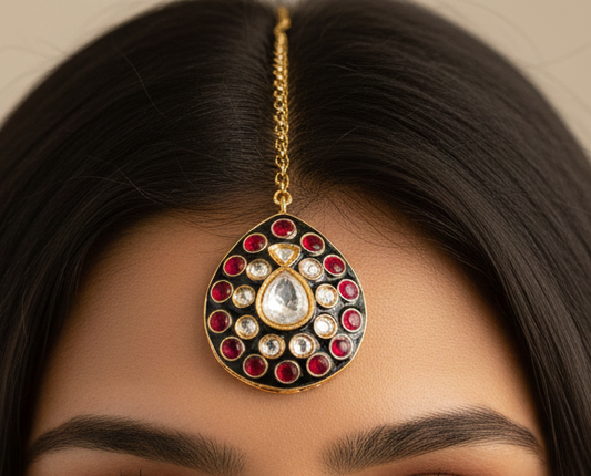 Black & Red Kundan Maang Tikka with Teardrop Stone