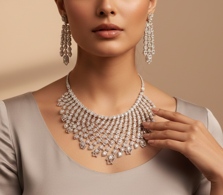 Radiant Cascade Diamond Necklace Set
