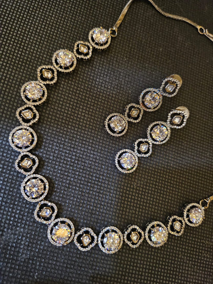 Round Silver Plated American Diamond Necklace Set