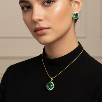 Emerald Green Diamond Pendant Set | With Chain