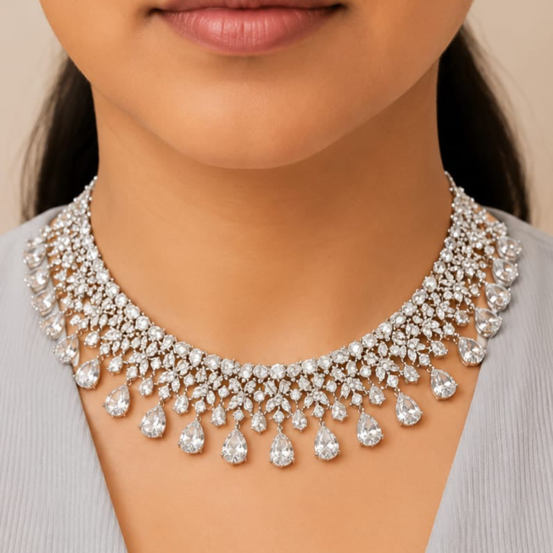 American Diamond statement necklace(White , Emerald, Violet , Blue colour available)