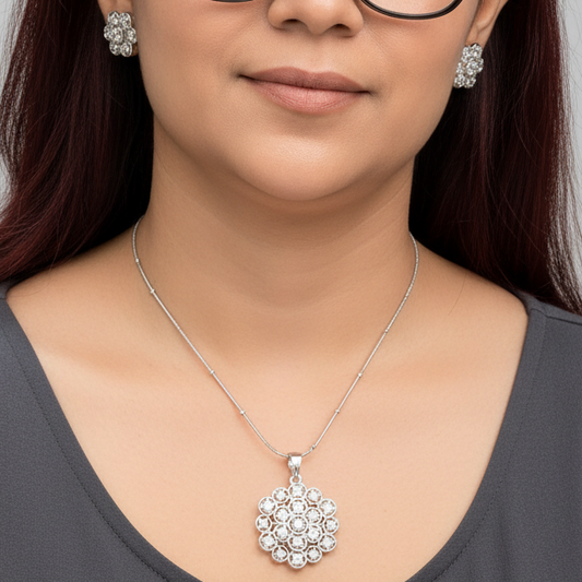 Rhodium-Plated floral Pendant Set I Screw back Earrings | Without Chain
