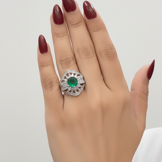 Emerald & Diamond Halo Ring
