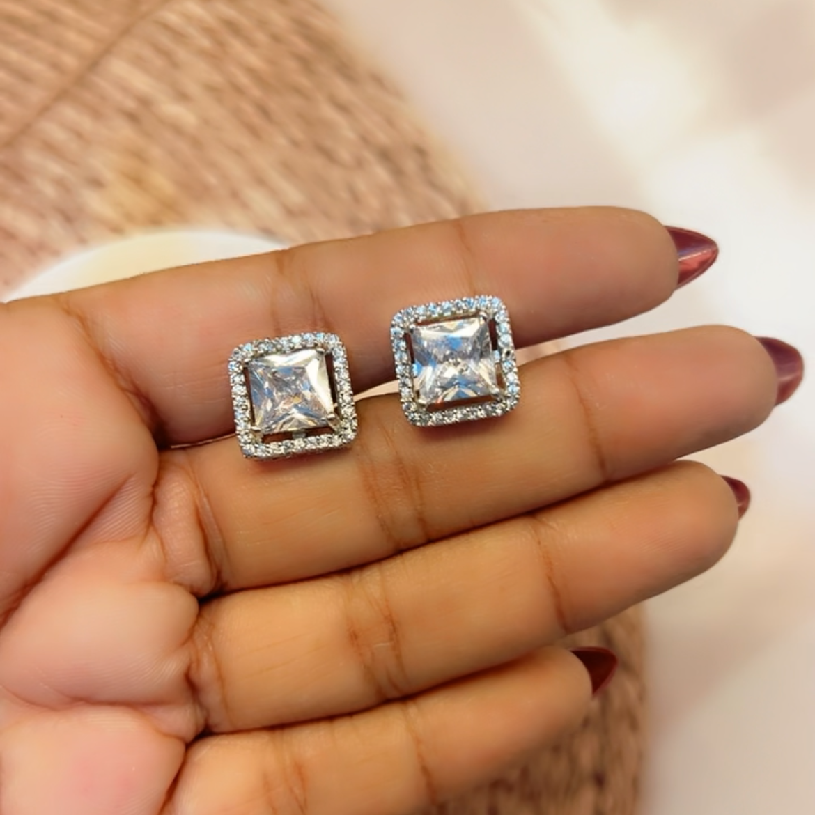Solitaire square Stud Earrings  | Screw Back