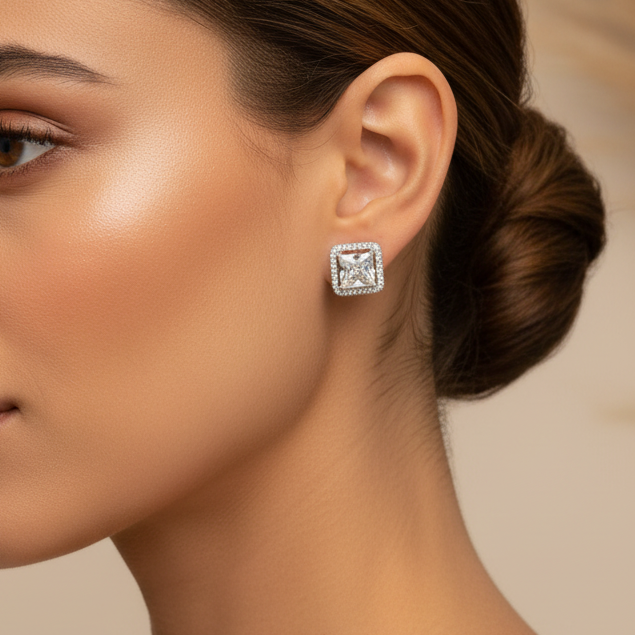 Solitaire square Stud Earrings  | Screw Back