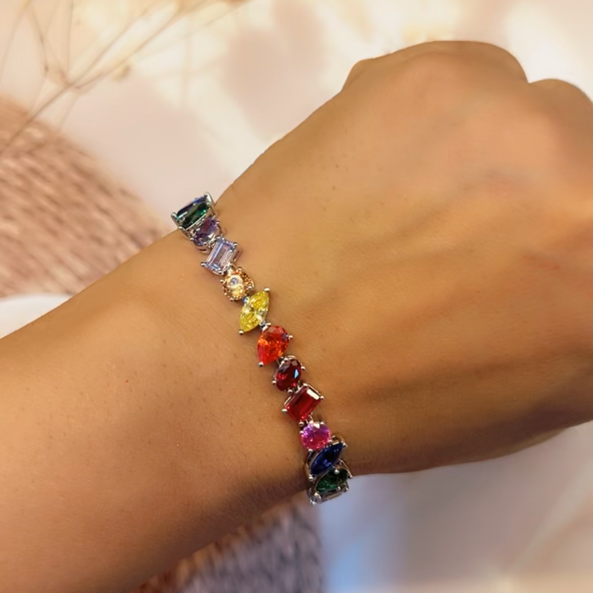 Multicolour Pear cut  Diamond Tennis Bracelet | 18K Gold Plating I WG