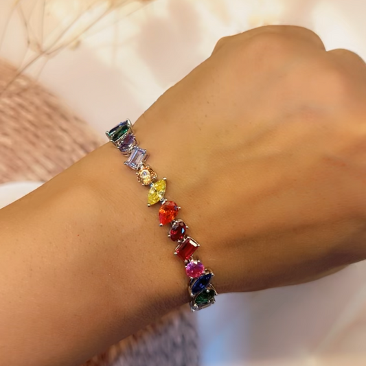 Multicolour Pear cut  Diamond Tennis Bracelet | 18K Gold Plating I WG