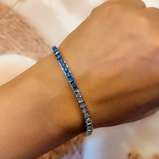 Blue Marquise Cut Diamond Tennis Bracelet | 18K Gold Plating I WG