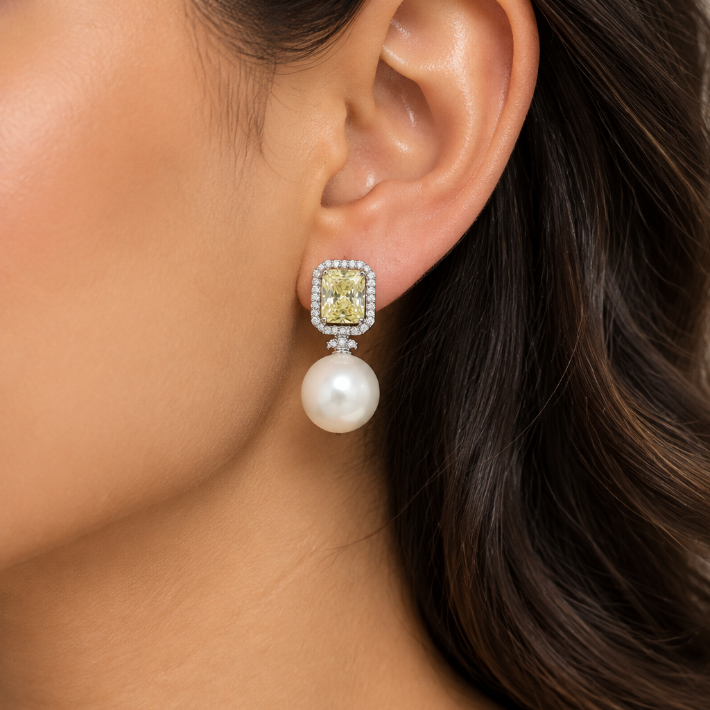 Rectangle Baguette CZ & pearl Drop Earrings  | Push back | Platinum Plating I WG  | Rhodium Plating