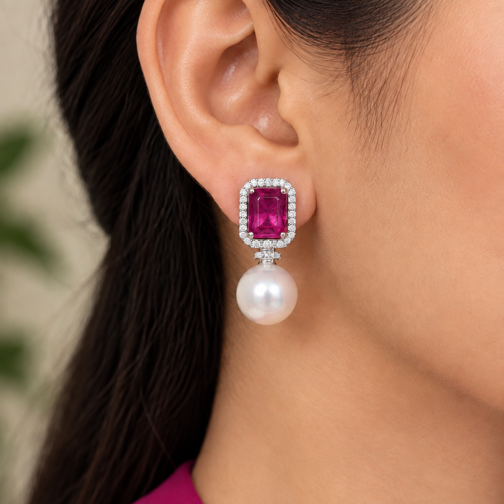 Rectangle Baguette CZ & pearl Drop Earrings  | Push back | Platinum Plating I WG  | Rhodium Plating