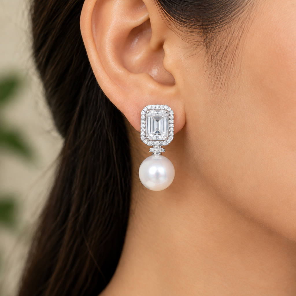 Rectangle Baguette CZ & pearl Drop Earrings  | Push back | Platinum Plating I WG  | Rhodium Plating